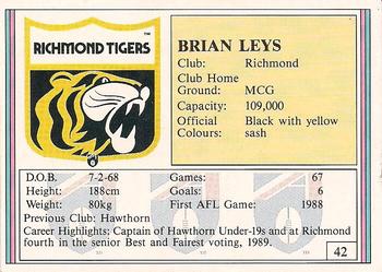 1992 AFL Regina #42 Brian Leys Back